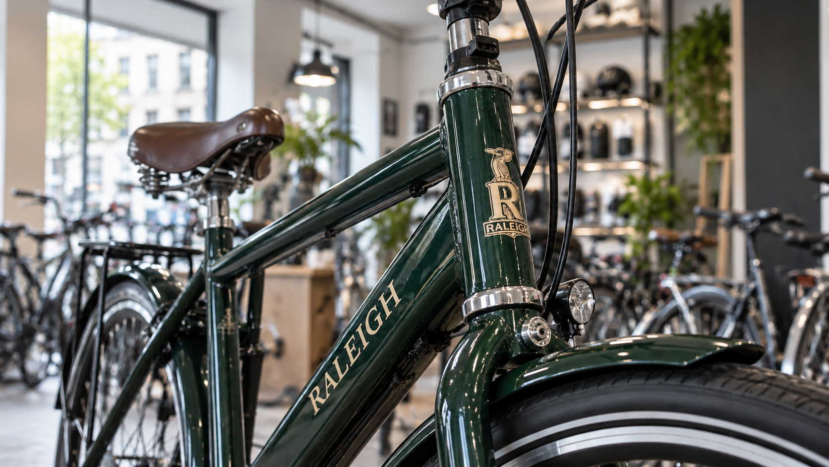 Grøn Raleigh-cykel i Venus Cyklers butik