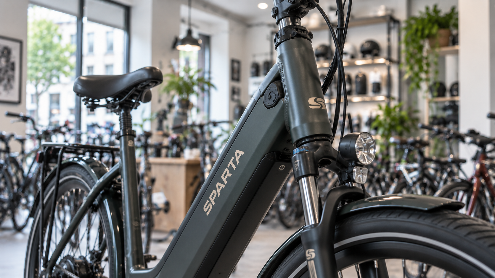 Mørkegrøn Sparta-elcykel i Venus Cyklers butik
