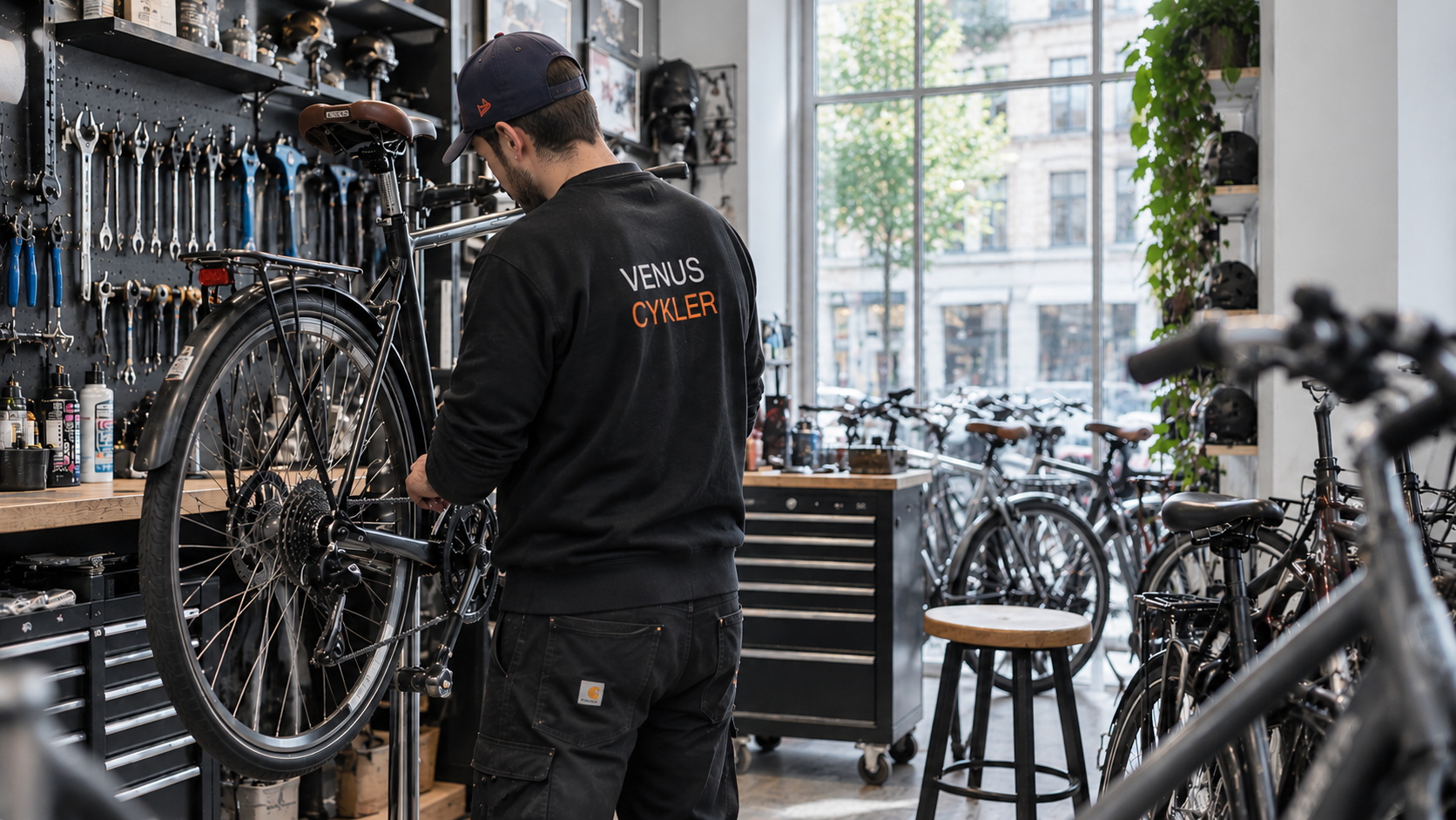 Venus Cykler-medarbejder arbejder på en cykel i det lyse værksted